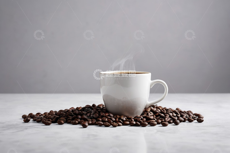 高清大图下载【趣麦麦图】白色杯装咖啡与咖啡豆特写