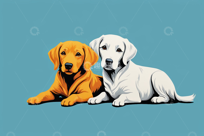 高清大图下载【趣麦麦图】两只趴卧的拉布拉多犬插画