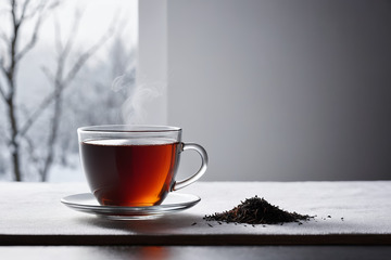 窗边玻璃杯中的热茶及茶叶