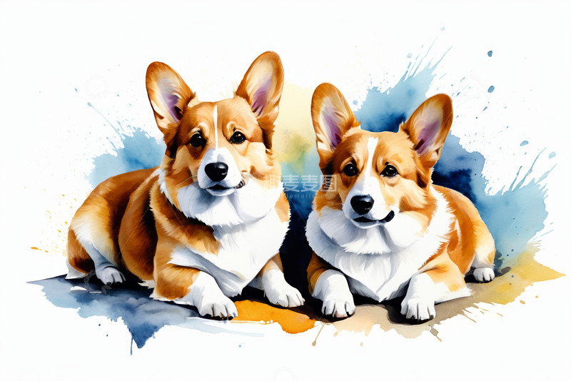 高清大图下载【趣麦麦图】两只柯基犬水彩风格插画