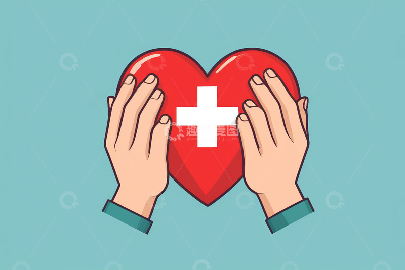 高清大图下载【趣麦麦图】双手环抱红十字爱心插画
