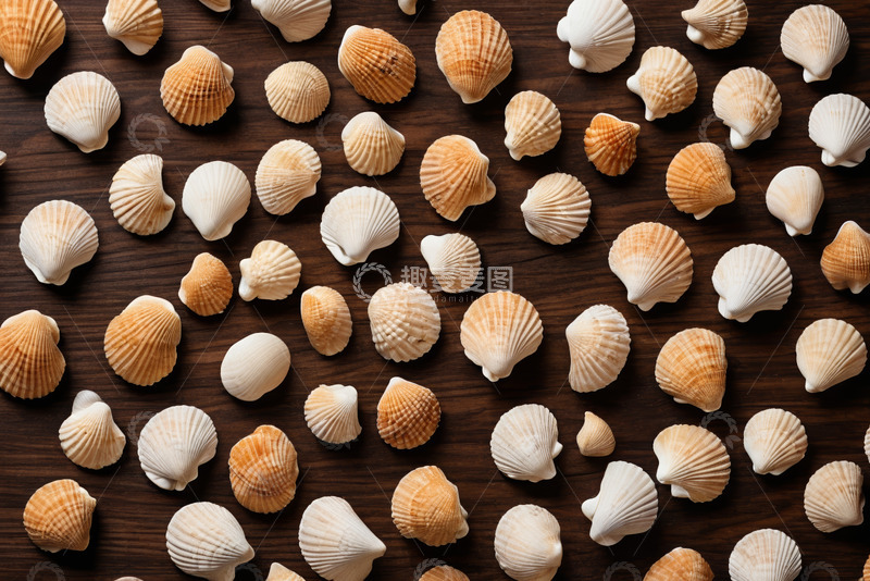高清大图下载【趣麦麦图】木质背景上排列的贝壳素材