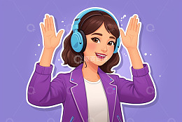 戴耳机挥手的年轻女性