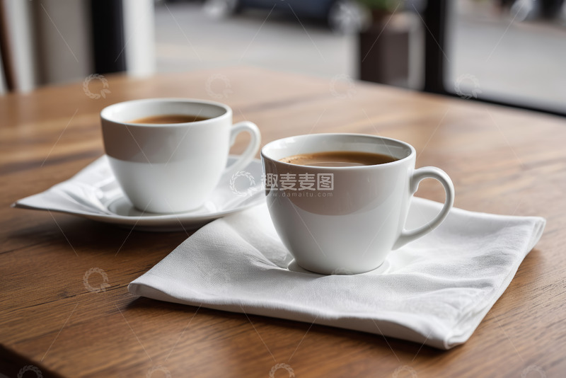 高清大图下载【趣麦麦图】木桌上两杯咖啡与餐巾