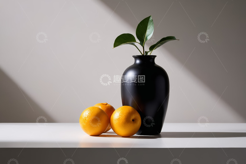 高清大图下载【趣麦麦图】黑花瓶旁的橙子静物
