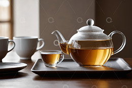 玻璃茶壶与茶杯中的茶饮