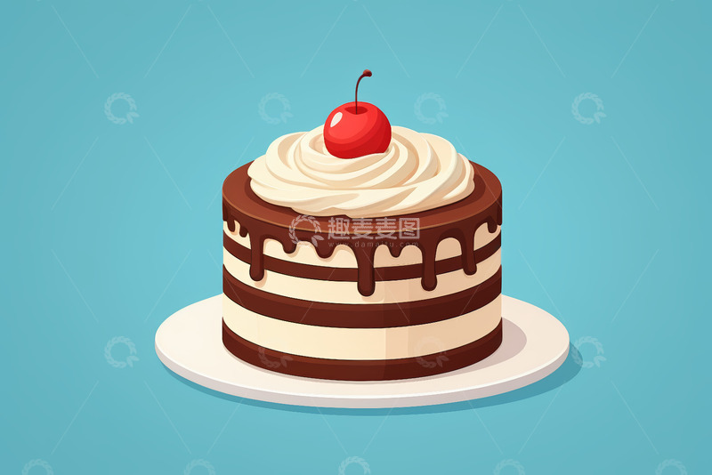 高清大图下载【趣麦麦图】巧克力奶油樱桃蛋糕插画