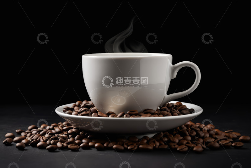 高清大图下载【趣麦麦图】白色咖啡杯与散落咖啡豆