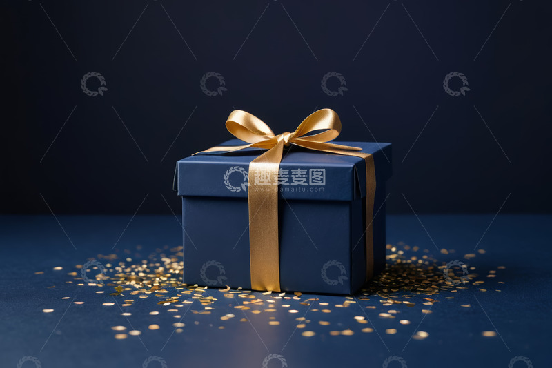 高清大图下载【趣麦麦图】蓝色礼物盒配金色蝴蝶结装饰