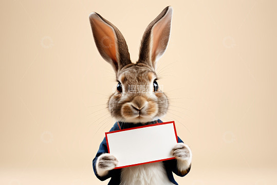 手持空白卡片的拟人化兔子