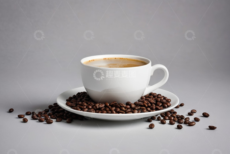 高清大图下载【趣麦麦图】白色杯碟上的咖啡与咖啡豆
