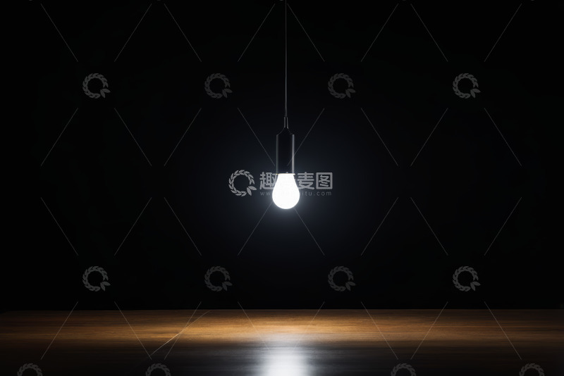 高清大图下载【趣麦麦图】发光灯泡悬于深色背景下