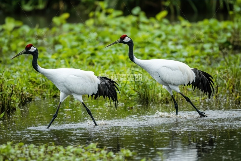 高清大图下载【趣麦麦图】在沼泽地行走的两只白鹤