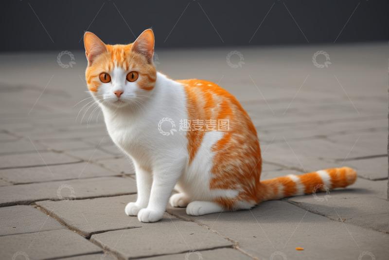 高清大图下载【趣麦麦图】橘白相间猫咪蹲坐地面
