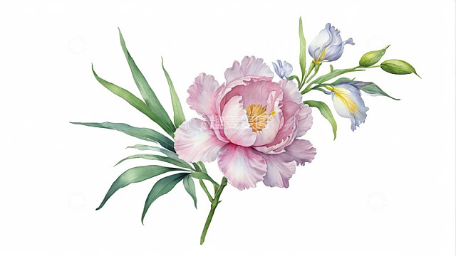 手绘粉色芍药与绿叶花卉