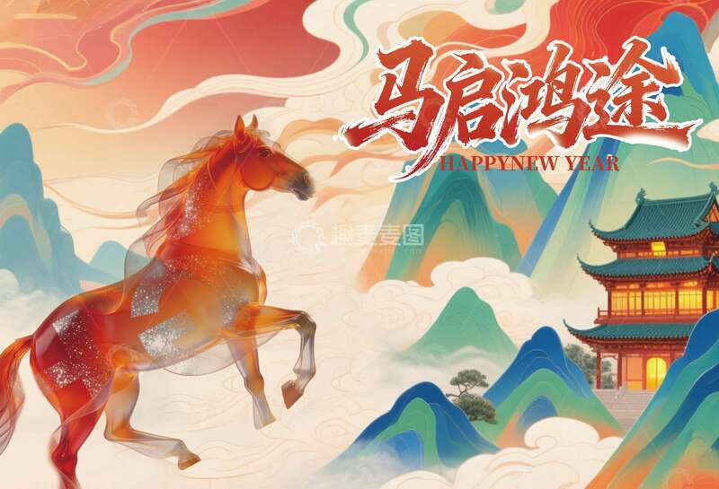源文件下载【趣麦麦图】骏马古建中国风艺术海报