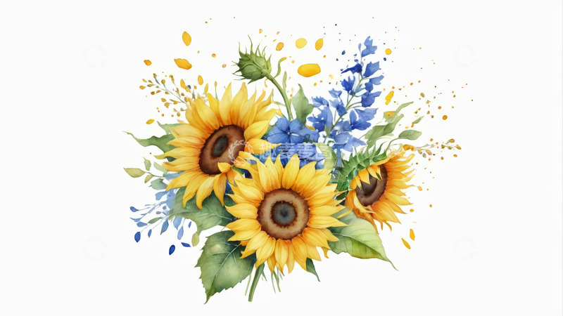 高清大图下载【趣麦麦图】向日葵与蓝色花卉插画