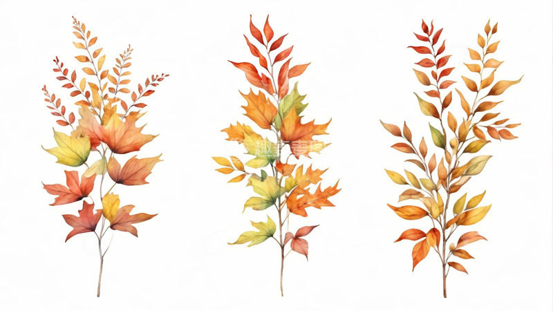 高清大图下载【趣麦麦图】秋季水彩风格植物枝叶素材