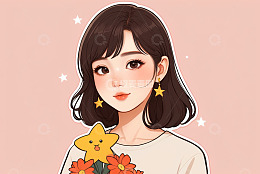 手持花束的卡通风格女性