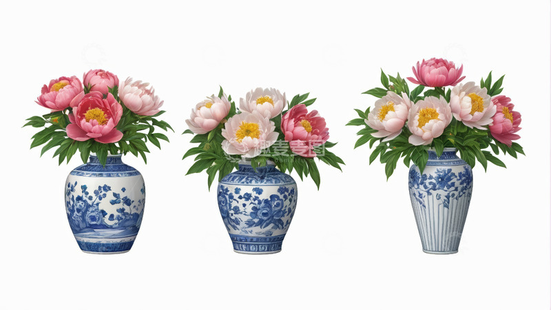 高清大图下载【趣麦麦图】青花瓷瓶中盛放的粉色牡丹花