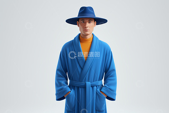 身着蓝色浴袍戴帽男士