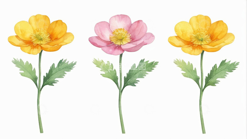 高清大图下载【趣麦麦图】水彩风格三色花朵插画