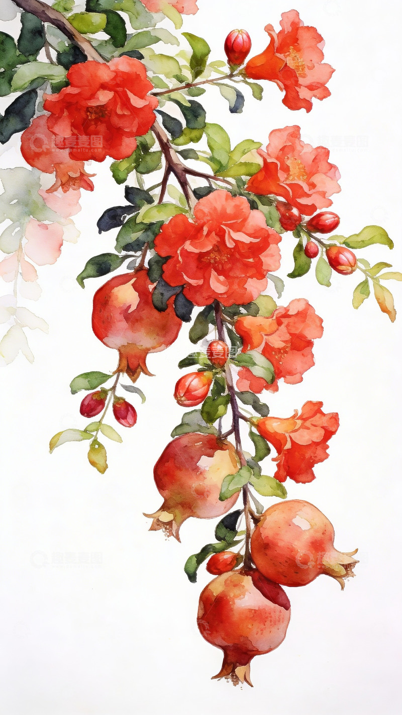 高清大图下载【趣麦麦图】水彩石榴花卉装饰画素材