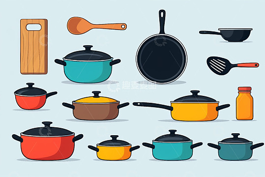 卡通风格厨房烹饪厨具插画