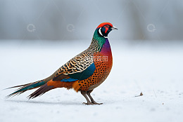 雪地上站立的彩色野鸡
