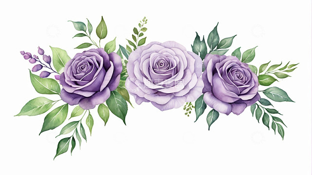 紫色玫瑰绿叶装饰插画