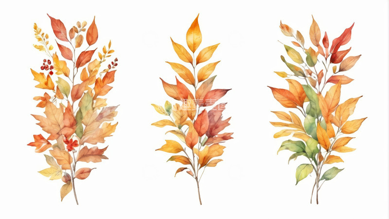 高清大图下载【趣麦麦图】水彩绘制秋季枝叶插画素材