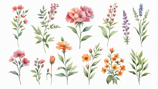 水彩风格多样花卉素材