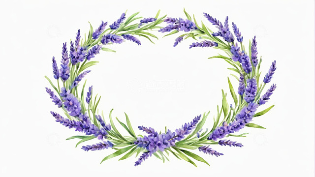 紫色薰衣草花环水彩插画
