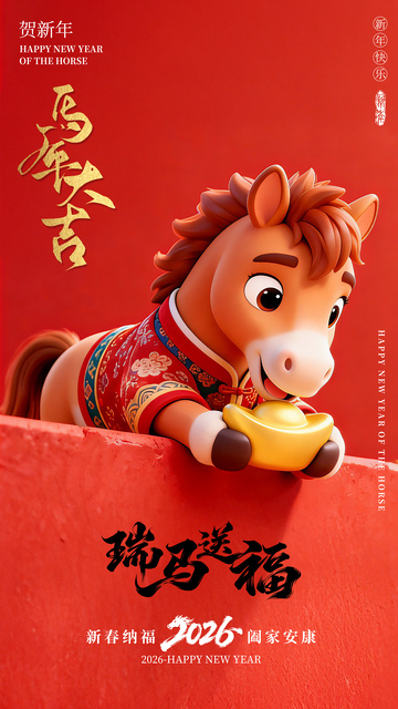 卡通新年3D马年海报