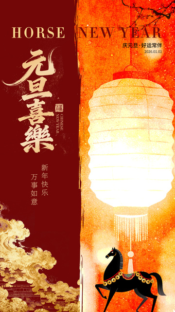 新年贺图马年灯笼祥云设计