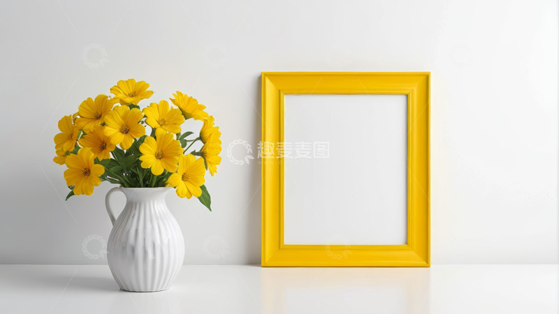 高清大图下载【趣麦麦图】白色花瓶黄花朵与黄色相框