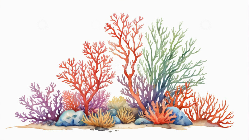 高清大图下载【趣麦麦图】水彩风格海洋珊瑚素材