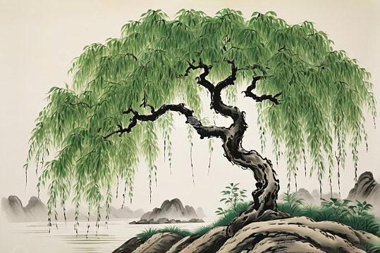 中式水墨画垂柳山水图景