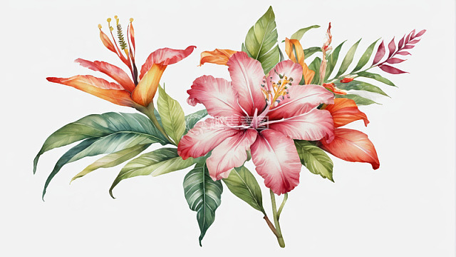 手绘热带花卉植物插画