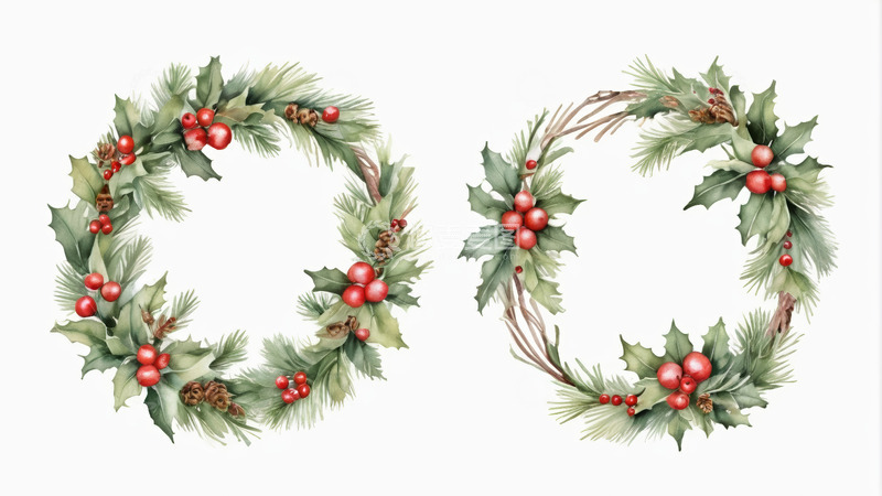 高清大图下载【趣麦麦图】水彩风格圣诞花环装饰素材