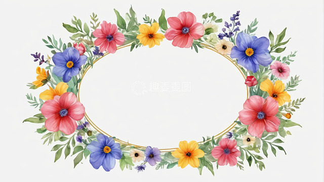 彩色花卉椭圆花环装饰图案