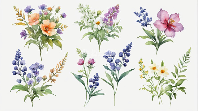 水彩风格多样花卉插画素材