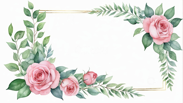 粉色玫瑰绿叶边框装饰图案