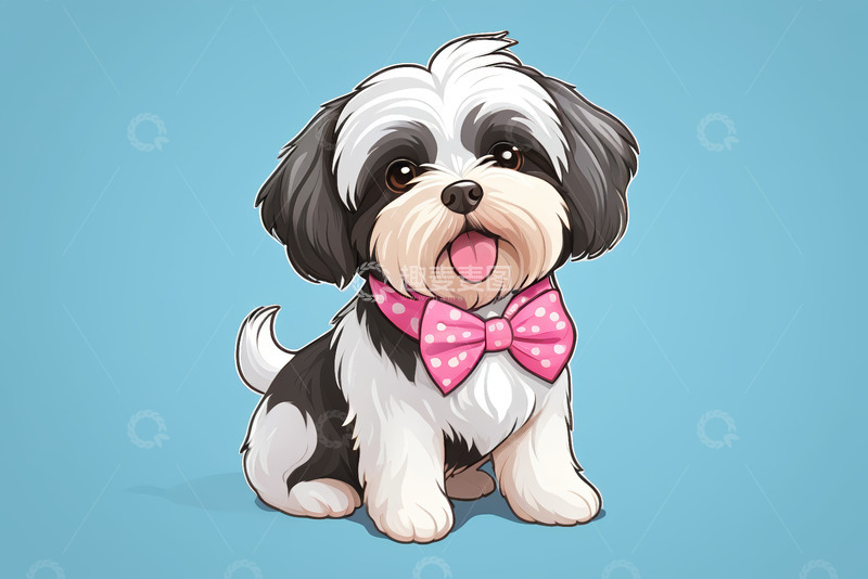高清大图下载【趣麦麦图】戴粉色领结的可爱小狗插画