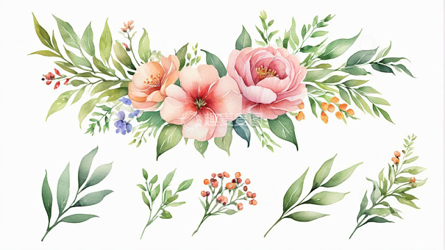 水彩风格花卉绿植装饰素材