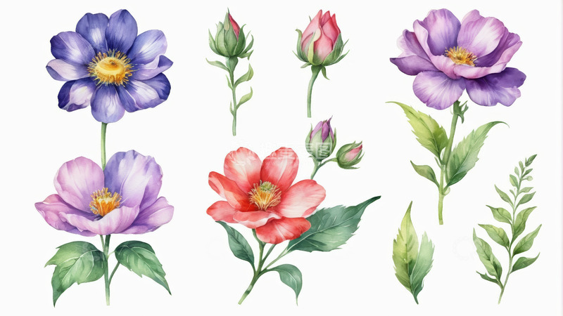 高清大图下载【趣麦麦图】水彩风格花朵植物素材