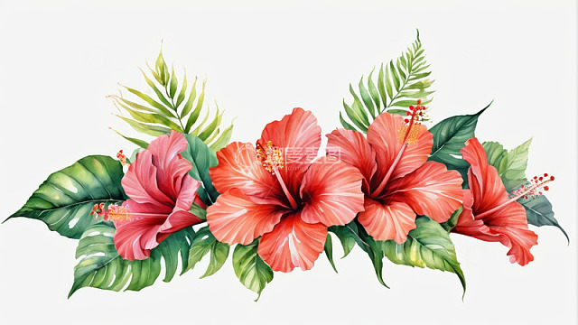 手绘红色扶桑花与绿叶插画