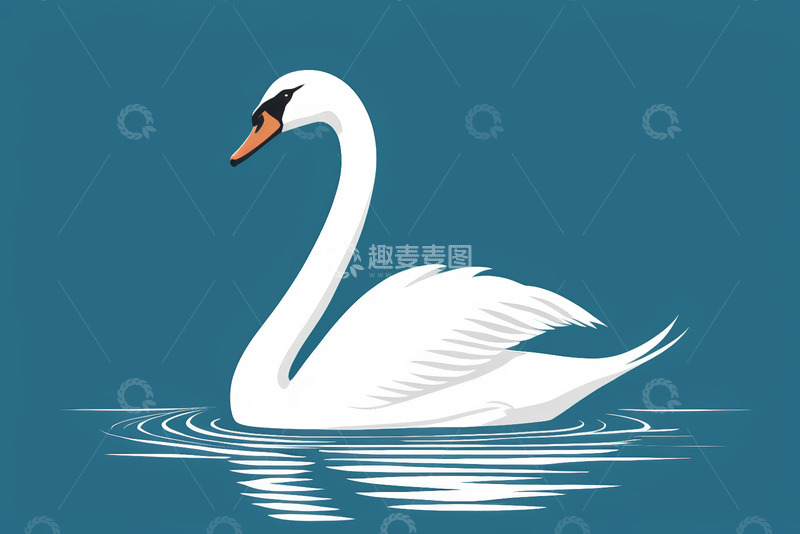 高清大图下载【趣麦麦图】蓝色背景中游泳的白色天鹅