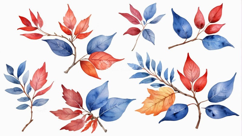 高清大图下载【趣麦麦图】水彩风格红蓝秋叶素材