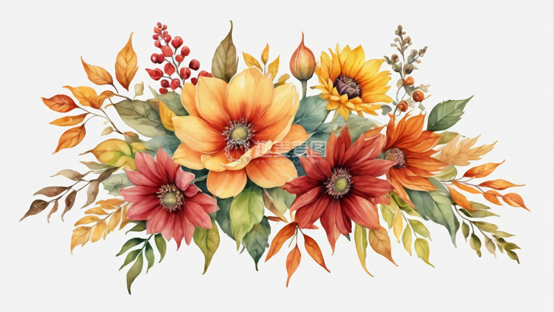 高清大图下载【趣麦麦图】水彩风格秋季花卉插画